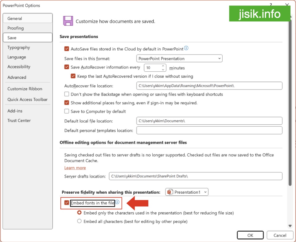 PowerPoint embed fonts option screen